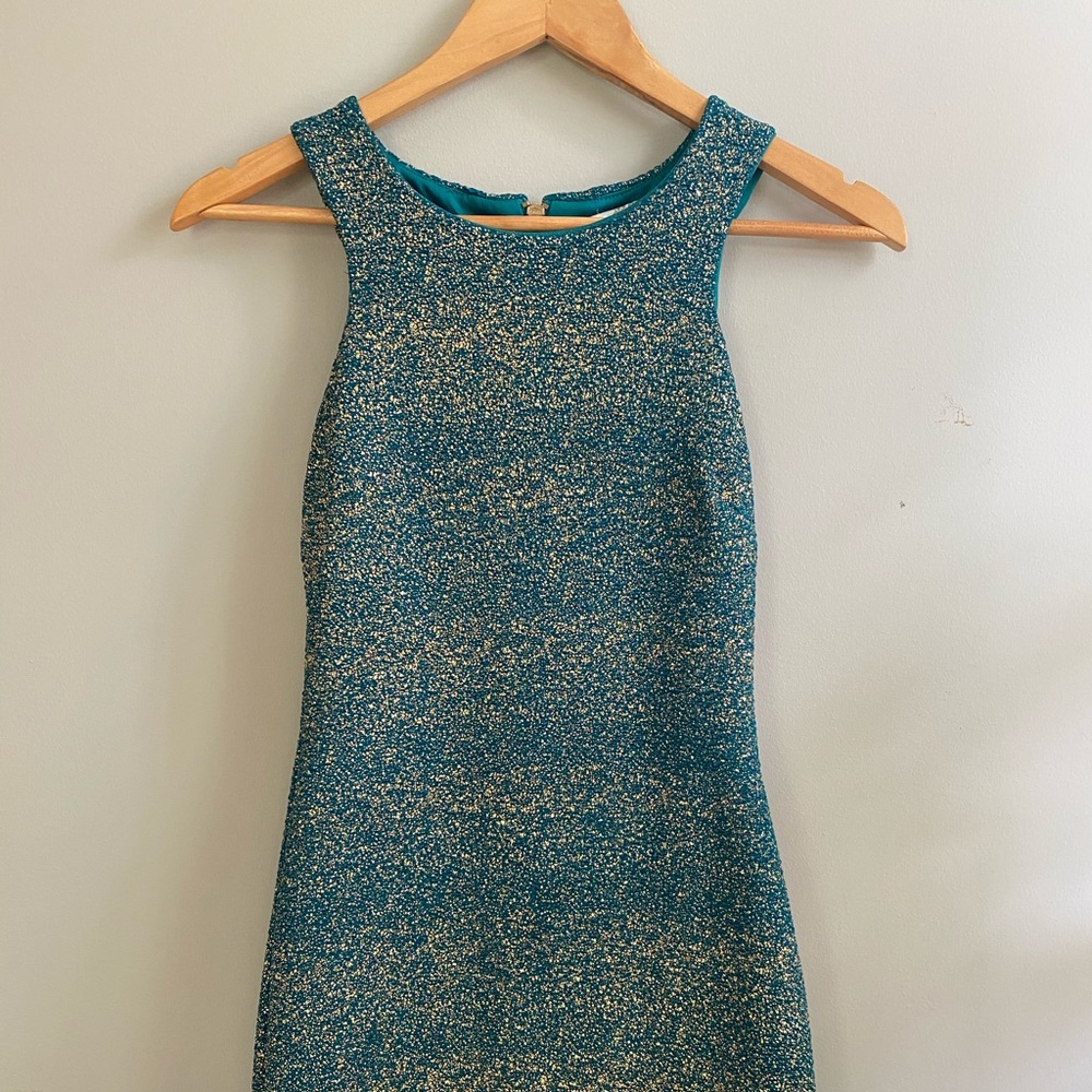 Teal and golden zipper back dress